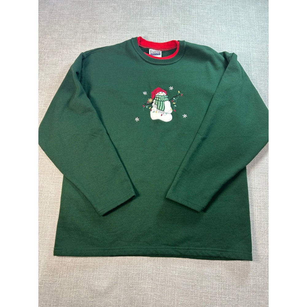 Vintage Green Snowman Christmas Sweatshirt Long Sleeve Pullover Top Women's M